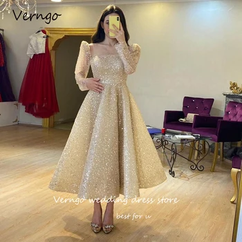 Verngo, Блестящи вечерни рокли трапецовидна форма, цвят шампанско, Дълги ръкави, квадратен силует, Дубай, Арабските Дамски рокли за абитуриентски бал, Вечерна рокля