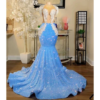 2023 Нови блестящи вечерни рокли с небето сини пайети, сексуална лейси апликация с отворен гръб, по-големи размери, парти по случай рождения ден в арабски стил