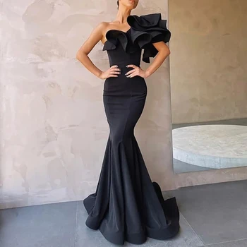 Черни Елегантни вечерни рокли 2024, Сатенени вечерни рокли-калъфи с кръгло деколте и цветове, Без ръкави, с едно рамо, По поръчка, Vestidos De Fiesta