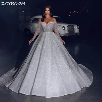 Луксозни сватбени рокли трапецовидна форма, бродирани с пайети и мъниста 2023, иллюзионные булчинска рокля с дълги ръкави и влак, големи размери за жените