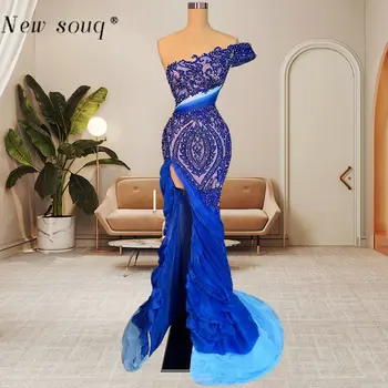 Королевско-сини вечерни рокли с дължина на едното рамо 2023 без ръкави с пластове волани, расшитыми мъниста, вечерни рокли за рожден Ден с прерязано