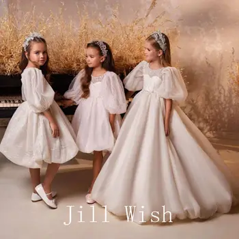 Луксозно Бяла рокля за момичета Jill Wish, Расшитое мъниста, с пищни ръкави, Принцеса, Детски сватба, Рожден Ден, Парти за Първо Причастие, Рокля за бала 2024 J287