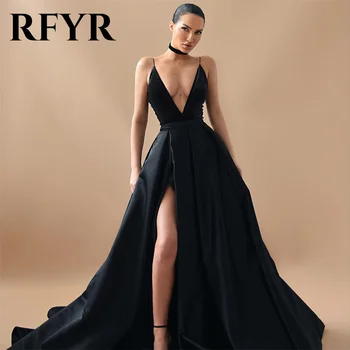 RFYR Черна вечерна рокля с V-образно деколте на спагети презрамки трапецовидна форма, С пъстра рокля за бала, Без ръкави, вечерна рокля с цепка отстрани