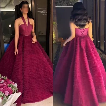 Oisslec Prom Dresses Изящни Halter Ball Gown Celebrity Flowers Draped Шифон Occasion Evening рокля женски вечерно