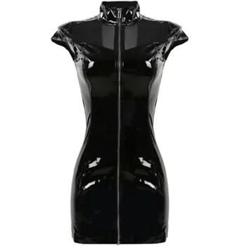 НОВОСТ! Секси мини рокля от изкуствена кожа, черна рокля с мокър ефект от PVC, обтягивающий гащеризон, фетиш-латексный клубния костюм