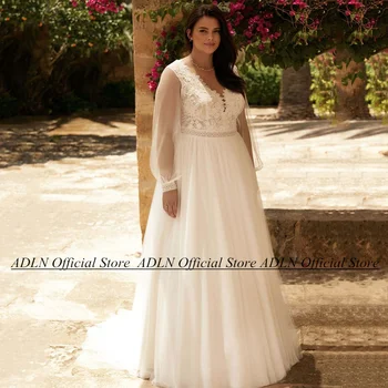 Класическа сватбена рокля с V-образно деколте, големи размери, буйни ръкав, апликация от пайети, халат за баня от мек тюл, сватбената рокля Mariee Vestido Noiva