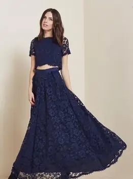 2015 Евтини Дантелени рокли-wild за бала, тъмно синьо, с къс ръкав и кръгло деколте, Елегантни вечерни рокли за шаферките трапецовидна форма с дължина до пода