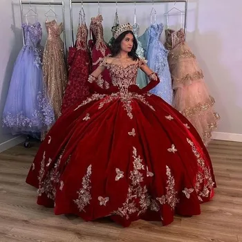 Буйни червени рокли с отворени рамене кадифе, дантела и апликация Бална рокля за парти по случай рождения ден на Vestidos De 15 Años