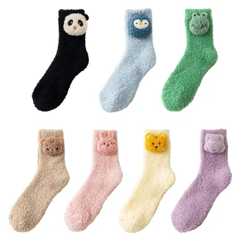 Женски пухкави чорапи с 3D животни, чорапи за сън от коралов руно, термоноски-чехли