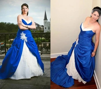 Царско синьо-бели сватбени рокли принцеса с завързана влак от тафта и рюшами във формата на сърце, женски сватбени рокли Vestidos De