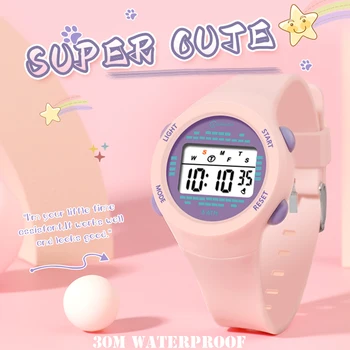 Детски електронни часовници за момичета розов цвят, сладък часовници за момчета в гимназията, 30-метрови непромокаеми бебешки богат на функции цифров часовник за подарък