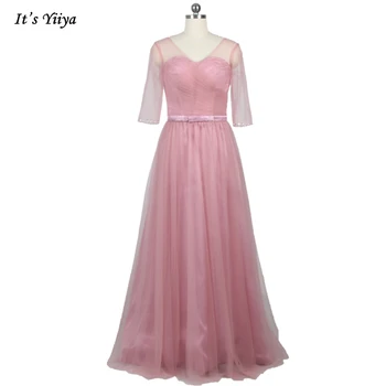 Вечерна рокля It ' s YiiYa, Тъмно розово иллюзионное Рокля С V-образно деколте И Къси ръкави, Расшитое мъниста, Трапециевидное рокля с Дължина до пода, по-Големи размери, Дамски официални рокли B020