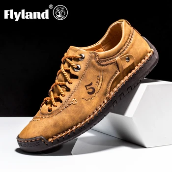 FLYLAND/ Мъжка мода, Реколта ръчна светкавица, Мека бизнес ежедневни кожена ръчно изработени обувки, Лоферы на равна подметка, oxfords, Плюс размер 48