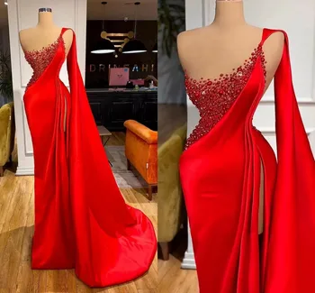 Елегантна червена рокля с едно рамо за бала, бродирани с перли, секси дълги вечерни рокли с цепка, плюс размери, вечерен халат за баня русалка