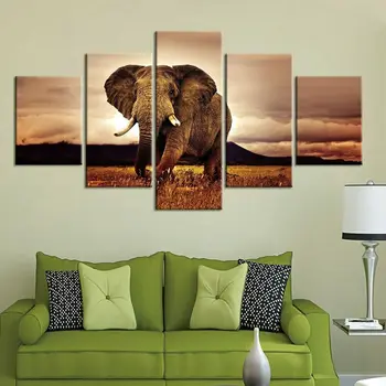 5 панели Сафари в африканския слон Платно Картина Стенно изкуство HD Печат на декор за Снимки на 5 части от декора на помещението Плакат на домашен интериор, Без рамка