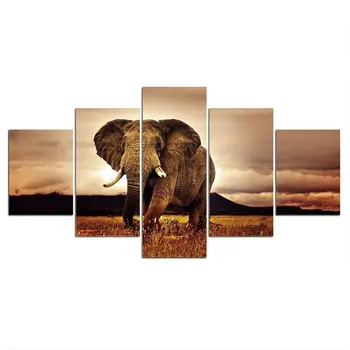 5 панели Сафари в африканския слон Платно Картина Стенно изкуство HD Печат на декор за Снимки на 5 части от декора на помещението Плакат на домашен интериор, Без рамка