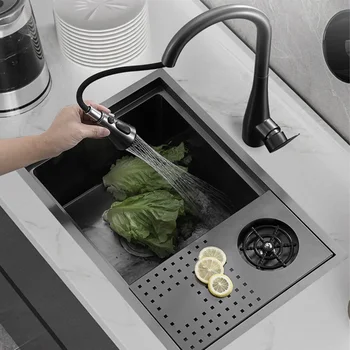 Черна кухненска мивка Nano с капак, мивка, однощелевая купа, скрит кран за източване, аксесоари за дома оборудване