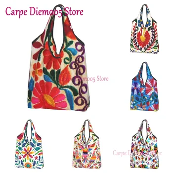 Мексикански цветя, художествена бродерия, чанта за пазаруване, дамски текстилна чанта за пазаруване в народен стил с цветен модел, чанта за пазаруване с голям капацитет