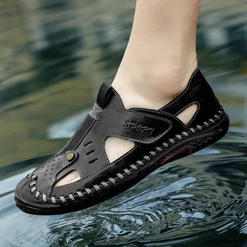 Летни сандали ръчно изработени 2023 г., мъжки дишаща градинска и плажна обувки, луксозни мъжки ежедневни сандали без закопчалка