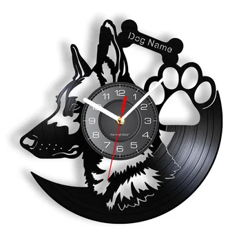 Немска овчарка Стенни часовници Начало Декор Породи кучета Vinyl плоча Реколта часовници Стенни часовници с името на кучето на поръчка е Подарък за любителите на кучета
