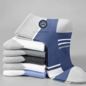 5 Двойки / лот, мъжки чорапи на райета, ежедневни удобни дишащи къси панталони от полиестер и памук със средна дължина, забавни цветни чорапи