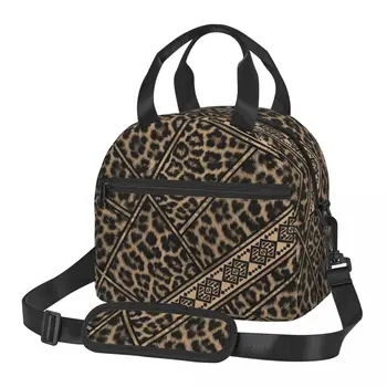 Кожа, леопард с етнически орнаменти изолирани обяд чанти за къмпинг, за пътуване кожата на леопард chiller топлинна обяд-бокс за жени деца