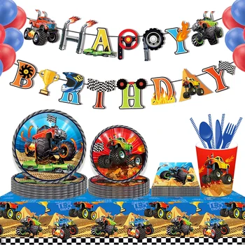 Игра за момчета с Мультяшными състезания Monster Truck, Парти по Повод Деня на раждането, за Еднократна употреба Комплекти, Покривки за банери, Украса за парти в чест на рождения Ден