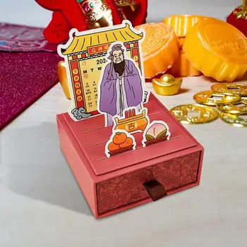Китайски месечен календар на 2024 година God of Wealth Настолен Календар с чекмедже за съхранение на Творчески Card Календар Преносим Настолен компютър