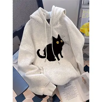 Корейски вариант минималистичного пуловер с качулка и дълъг ръкав с кошачьим принтом за жени, Есен нова Свободна Ежедневни облекла с дизайн за момичета
