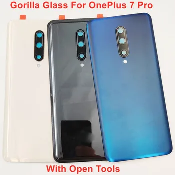 За OnePlus 7 Pro Оригинална нова със стъклен капак на отделението за батерията, твърда капачка задна врата, заден панел корпус, калъф + лепило + Обектив + инструменти