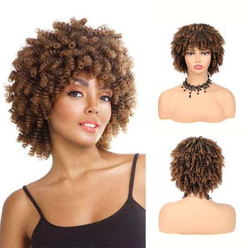 Belle Show Къса афро-къдрава перуки с бретон от синтетична естествена коса, кратък перука с пружинящей обрат за жени, перуки за cosplay