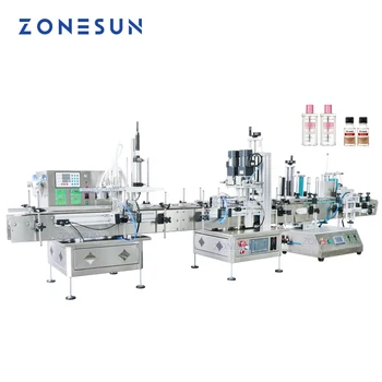 Автоматична производствена линия ZONESUN за бутилиране, ограничаване и закрепване на етикети на кръгли бутилки, опаковки на козметични кутии за етерични масла